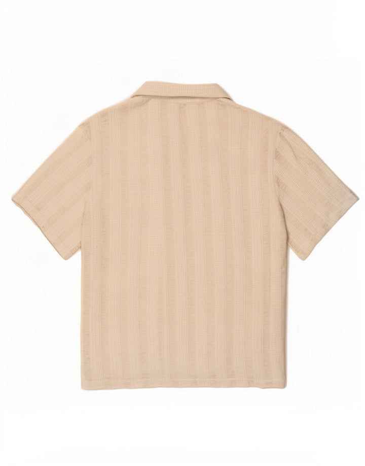 Zara Mens Short Sleeve Knit Shirt Large White Striped Polyester