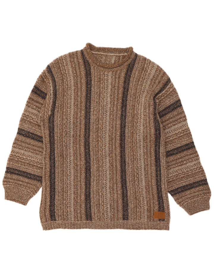 Enrico Coveri Mens Crew Neck Jumper Sweater Medium Brown Striped Wool