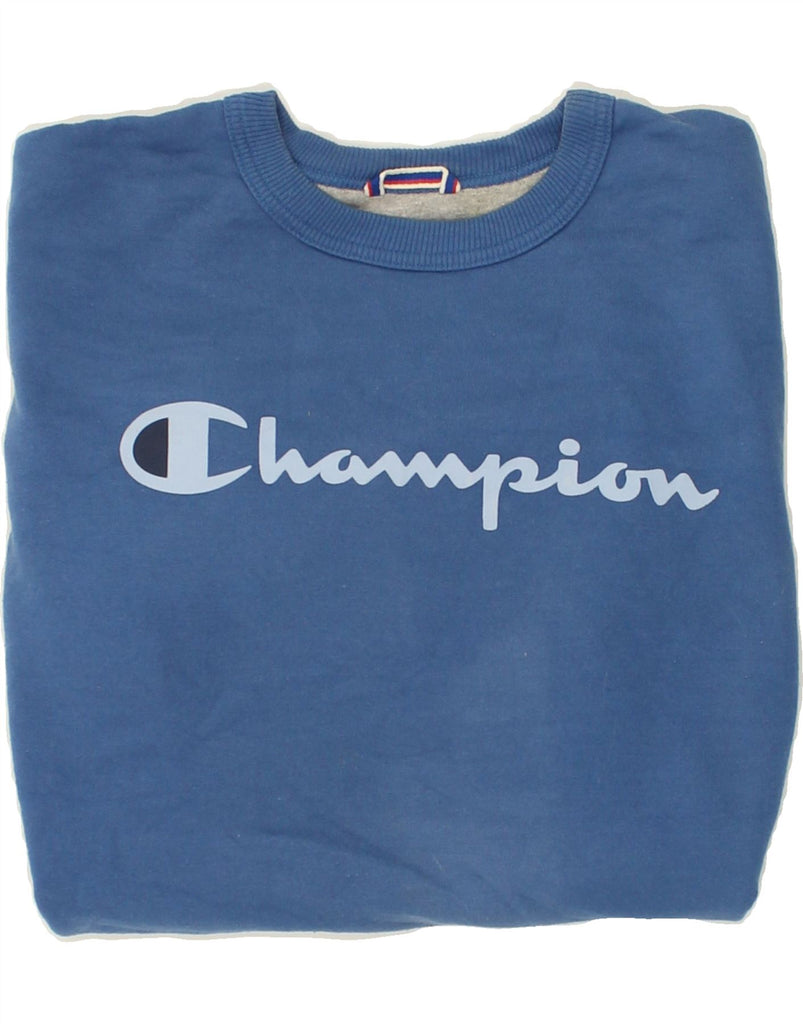 CHAMPION Mens Graphic Sweatshirt Jumper Medium Blue Cotton | Vintage Champion | Thrift | Second-Hand Champion | Used Clothing | Messina Hembry 