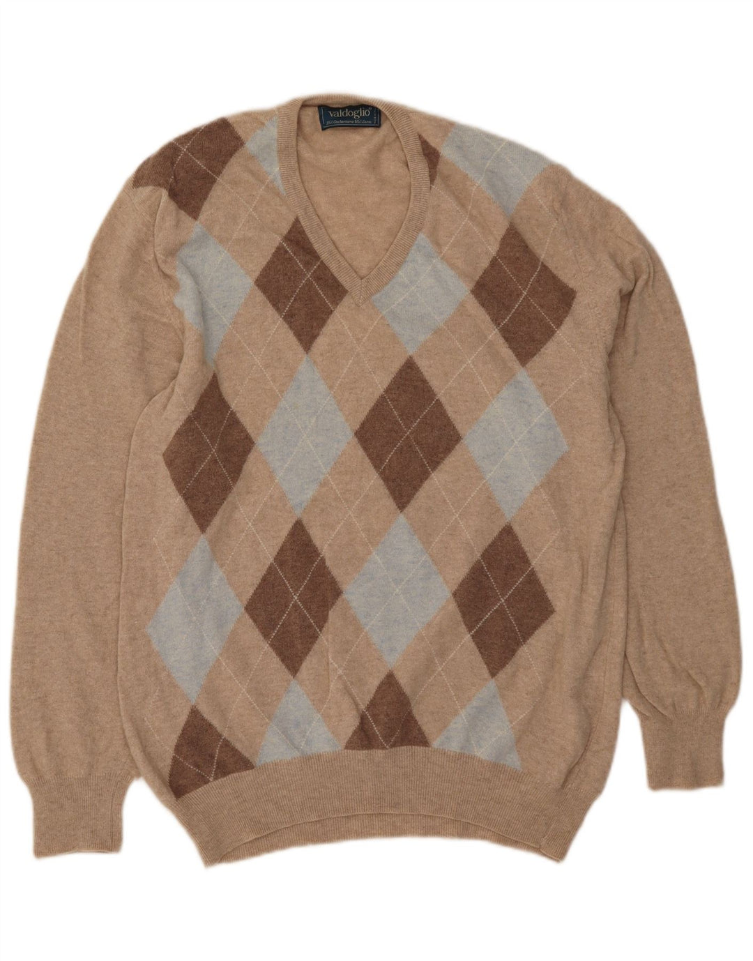 Valdoglio Mens V-Neck Jumper Sweater XL Beige Argyle/Diamond Wool
