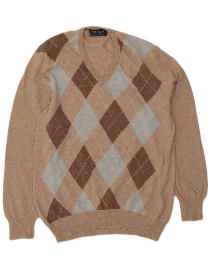 Valdoglio Mens V-Neck Jumper Sweater XL Beige Argyle/Diamond Wool
