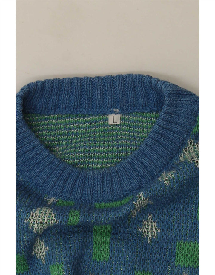 Vintage Mens Crew Neck Jumper Sweater Large Blue Geometric