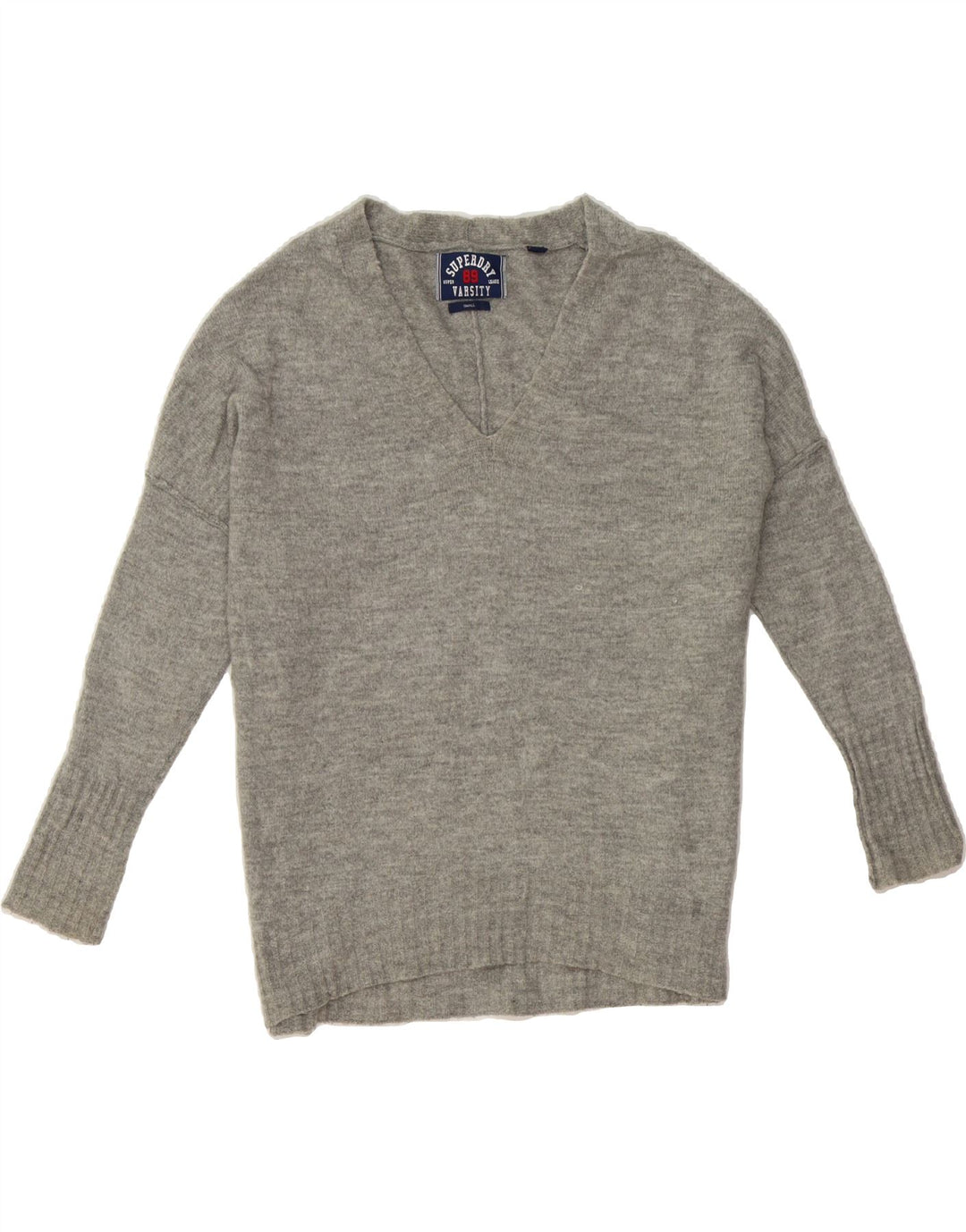 SUPERDRY Womens Oversized Longline V-Neck Jumper Sweater UK 10 Small Grey Vintage Superdry and Second-Hand Superdry from Messina Hembry 