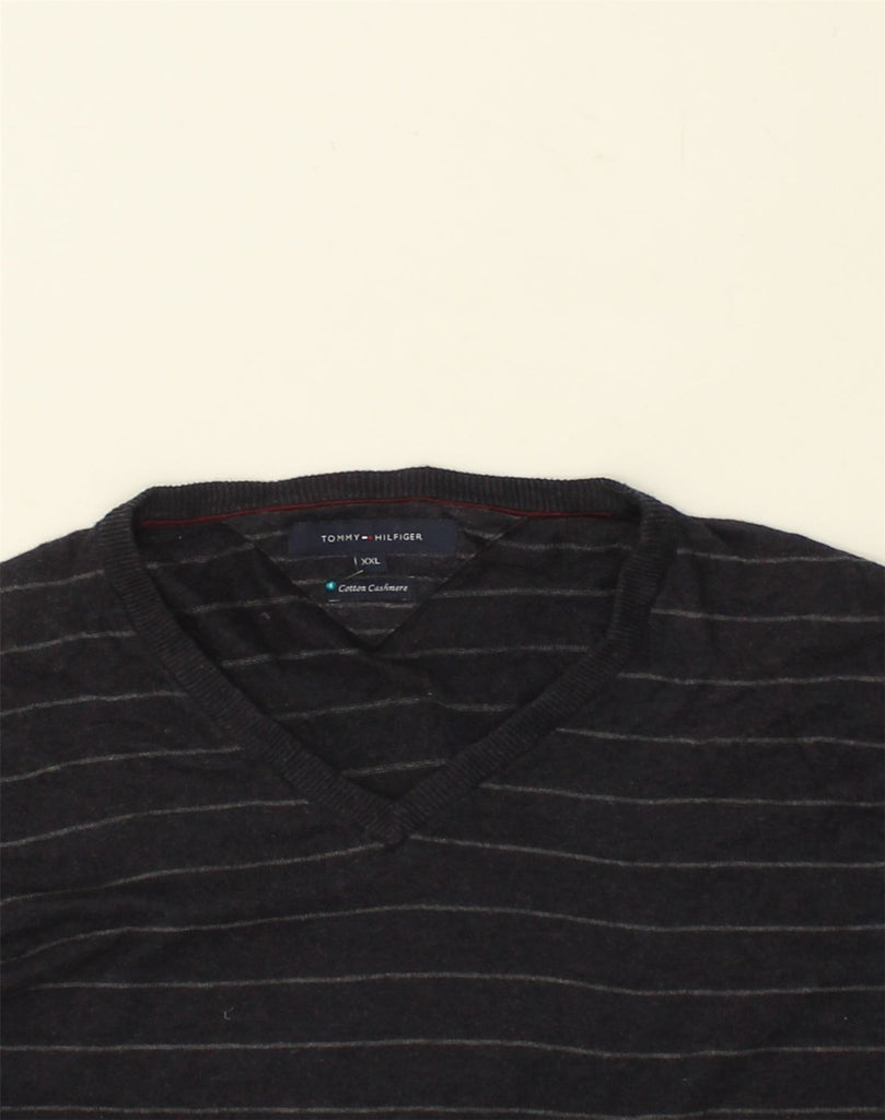 TOMMY HILFIGER Mens V-Neck Jumper Sweater 2XL Black Striped Cotton | Vintage Tommy Hilfiger | Thrift | Second-Hand Tommy Hilfiger | Used Clothing | Messina Hembry 