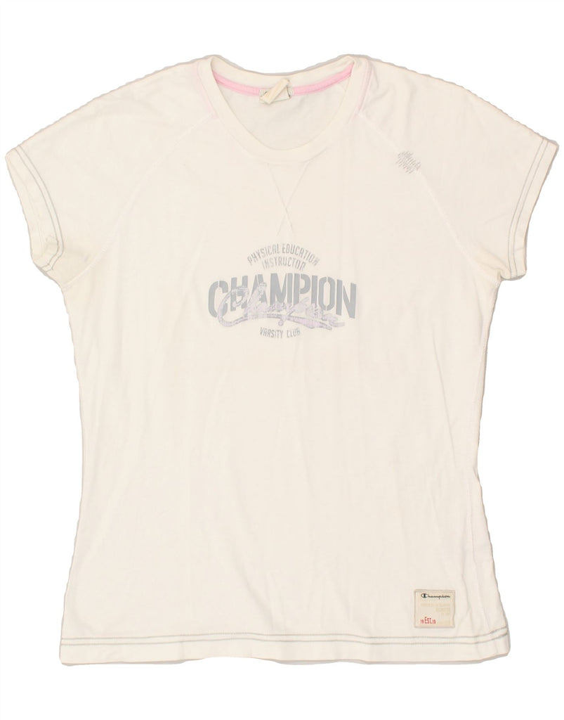 CHAMPION Womens Graphic T-Shirt Top UK 14 Large White Cotton | Vintage Champion | Thrift | Second-Hand Champion | Used Clothing | Messina Hembry 