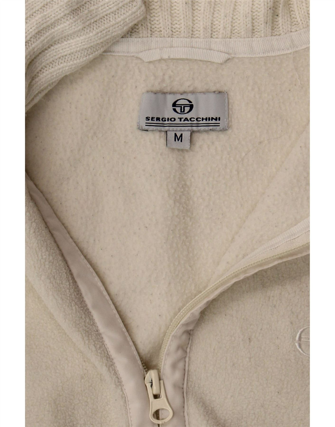SERGIO TACCHINI Womens Zip Neck Fleece Jumper UK 14 Medium Off White Vintage Sergio Tacchini and Second-Hand Sergio Tacchini from Messina Hembry 