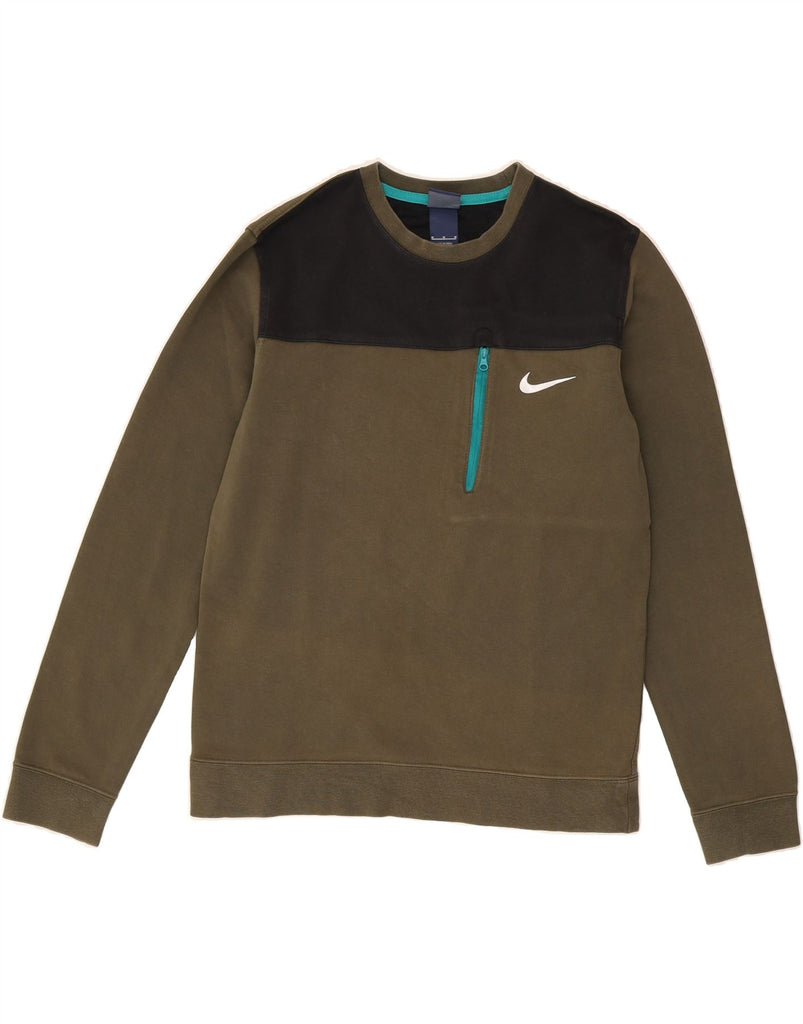 NIKE Womens Sweatshirt Jumper UK 14 Medium Khaki Colourblock Cotton Vintage Nike and Second-Hand Nike from Messina Hembry 