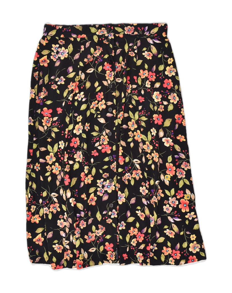 SAG HARBOR Womens Pleated Skirt UK 16 Large W35 Black Floral Rayon | Vintage Sag Harbor | Thrift | Second-Hand Sag Harbor | Used Clothing | Messina Hembry 