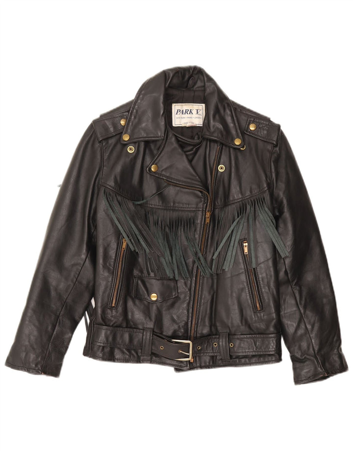 PARK V Girls Leather Biker Jacket 9-10 Years Black Leather