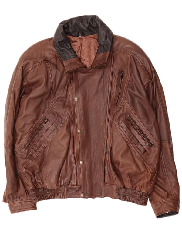 Vintage Mens Leather Jacket UK 46 3XL Brown Colourblock Leather Biker