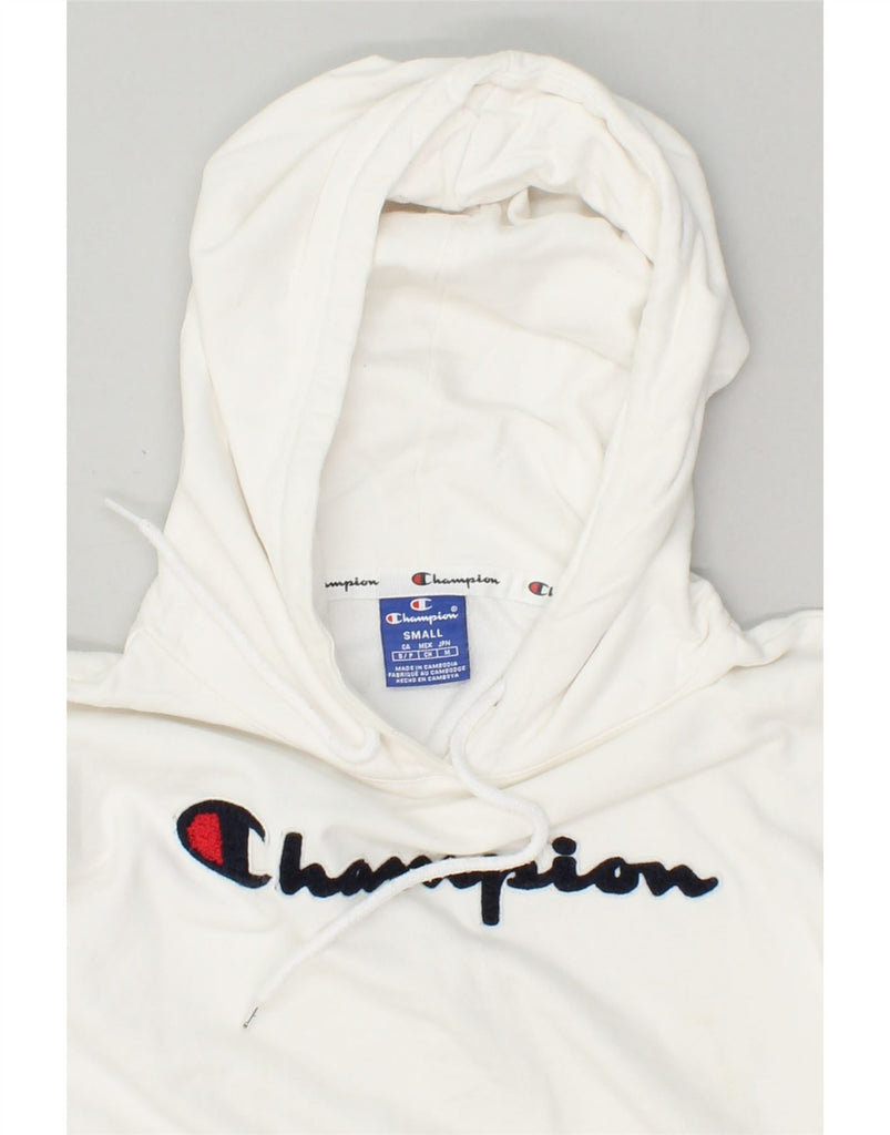 CHAMPION Womens Graphic Crop Hoodie Jumper UK 10 Small White Cotton | Vintage Champion | Thrift | Second-Hand Champion | Used Clothing | Messina Hembry 