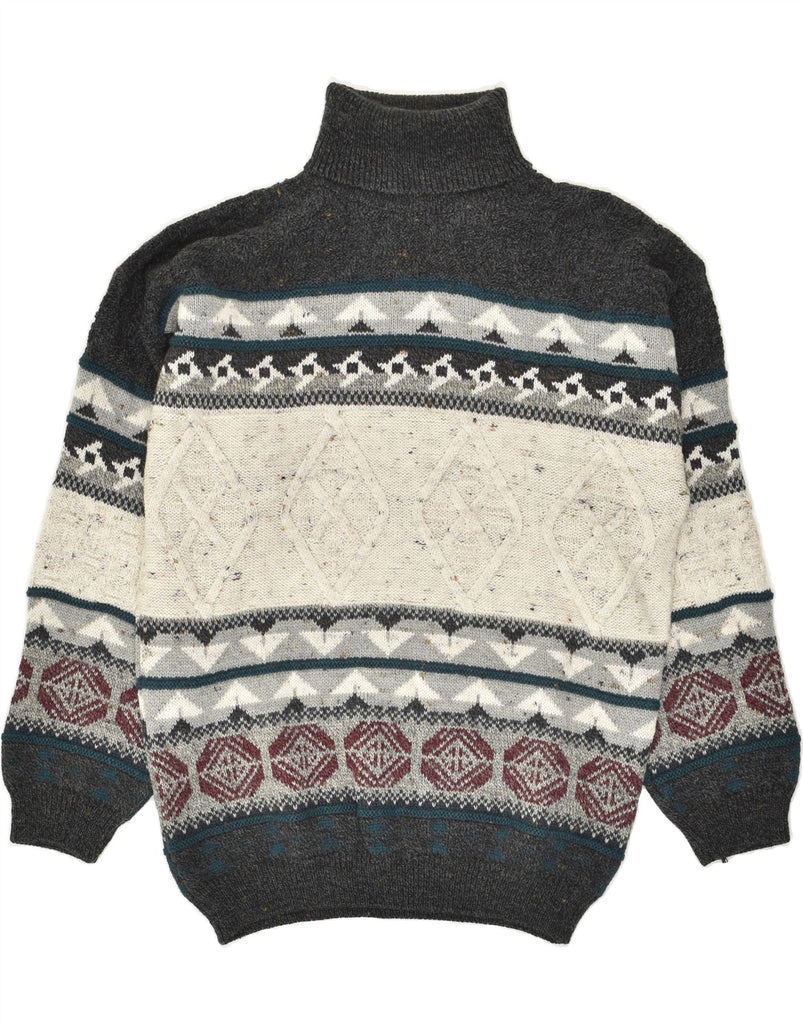 VINTAGE Mens Roll Neck Jumper Sweater Medium Grey Fair Isle Wool | Vintage Vintage | Thrift | Second-Hand Vintage | Used Clothing | Messina Hembry 