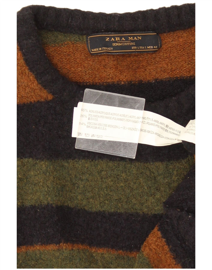 Zara Mens Crew Neck Jumper Sweater Large Multicoloured Striped Acrylic