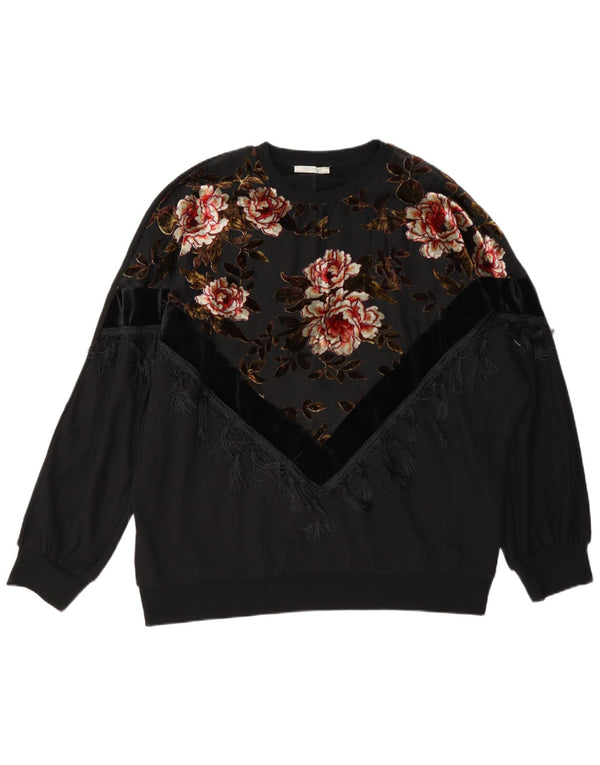 Zara Womens Oversized Crew Neck Jumper Sweater UK 10 Small Black Floral