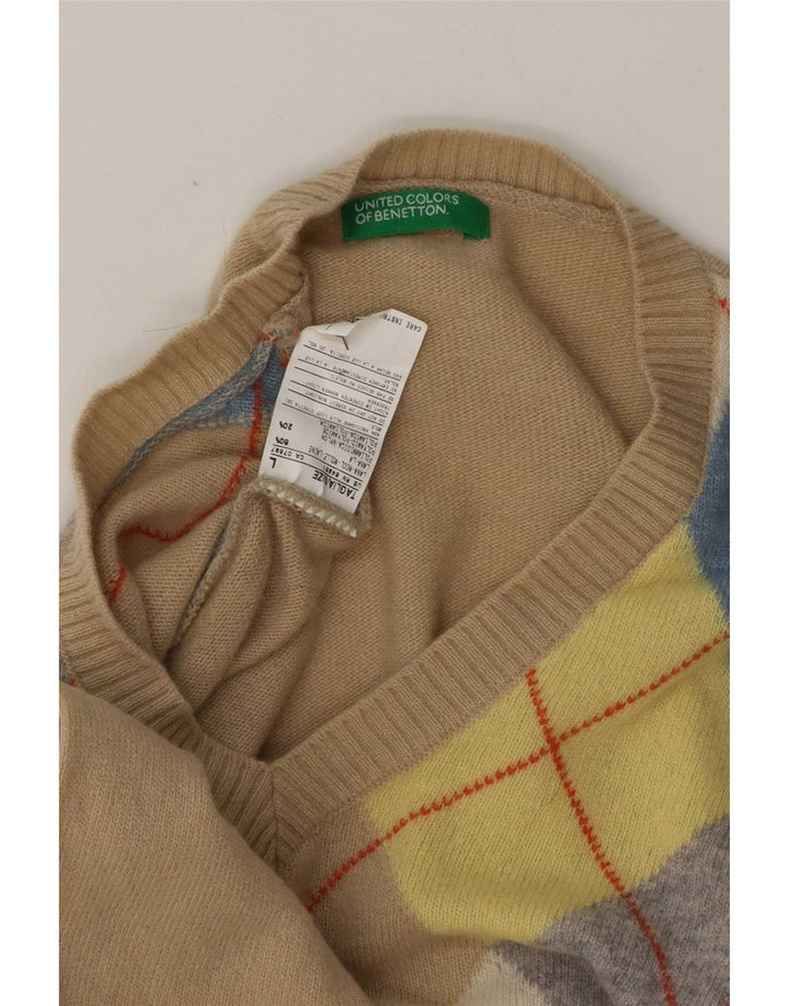 Benetton Mens V-Neck Jumper Sweater Large Beige Argyle/Diamond Wool