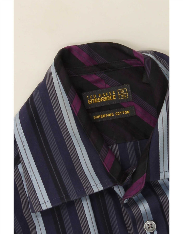 Ted Baker Mens Formal Shirt Size 38 15 Medium Navy Blue Striped Cotton