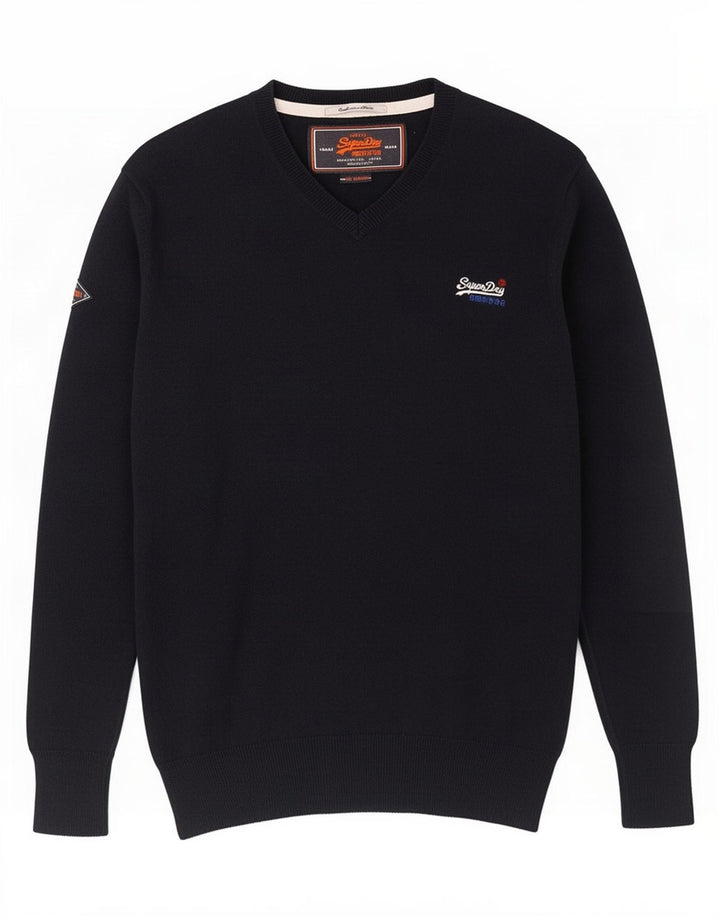 Superdry Mens V-Neck Jumper Sweater Medium Navy Blue Cotton