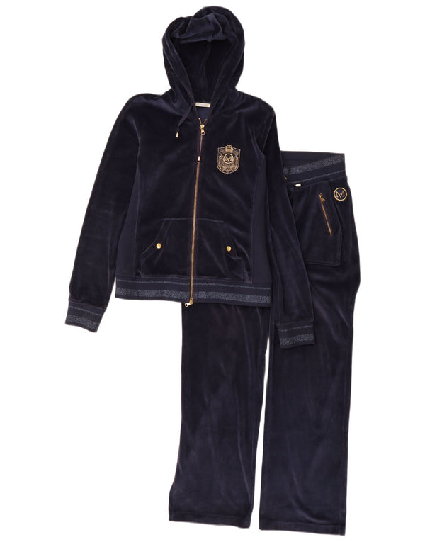Marella Womens Hooded Velour Full Tracksuit UK 12 Medium Navy Blue Cotton