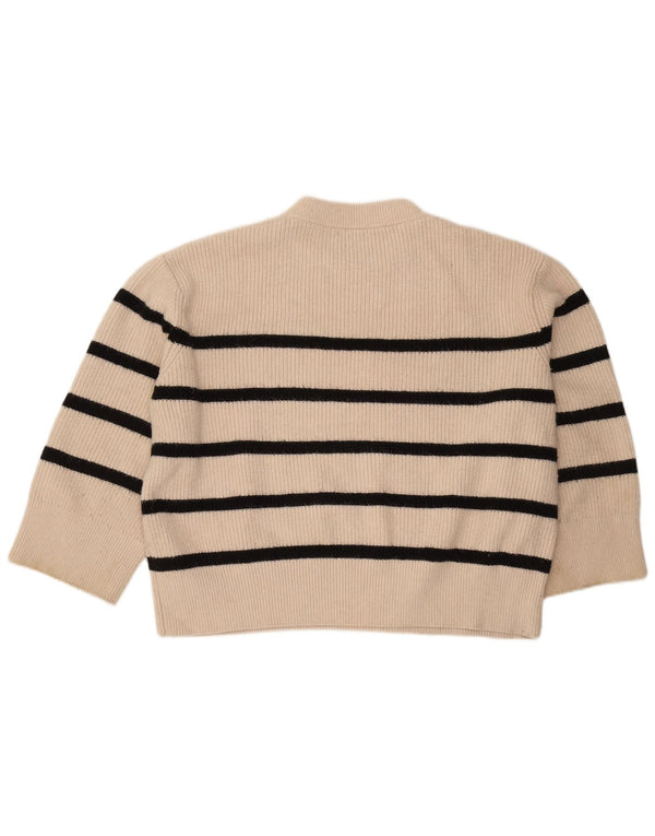 Zara Womens 3/4 Sleeve Crew Neck Jumper Sweater UK 18 XL Off White Striped