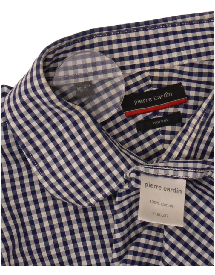 Pierre Cardin Mens Shirt Size 16 1/2 Large Navy Blue Gingham Cotton