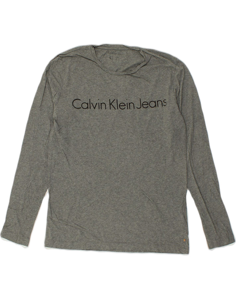 CALVIN KLEIN Mens Graphic Top Long Sleeve Large Grey Cotton | Vintage Calvin Klein | Thrift | Second-Hand Calvin Klein | Used Clothing | Messina Hembry 