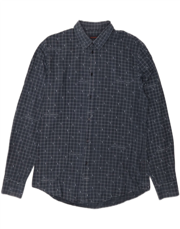 Trussardi Jeans Mens Shirt Size 42 Large Navy Blue Gingham