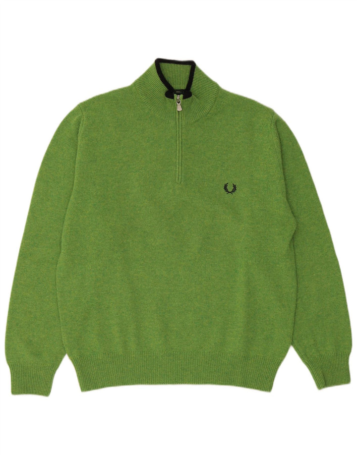 Fred Perry Mens Zip Neck Jumper Sweater Medium Green Wool