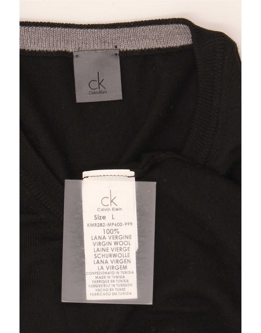 Calvin Klein Mens V-Neck Jumper Sweater Large Black Virgin Wool