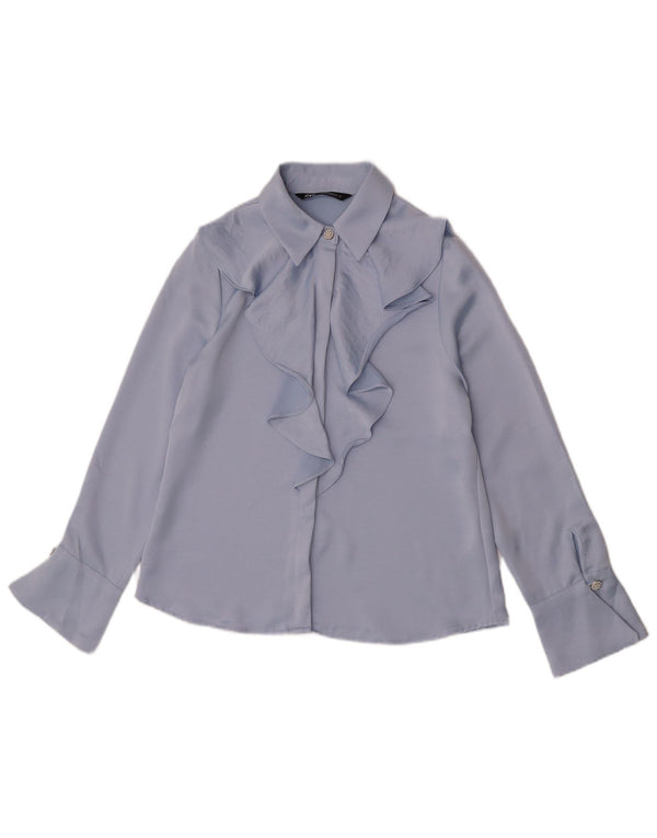 Zara Womens Ruffle Front Shirt Blouse UK 6 XS Blue Polyester