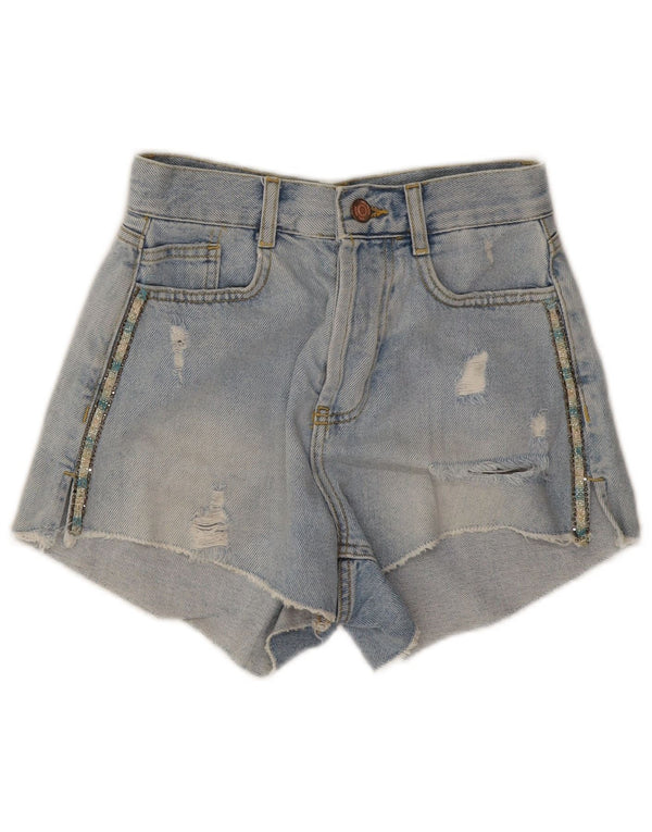 Zara Womens Distressed Denim Shorts EU 32 2XS W22 Blue Striped Cotton