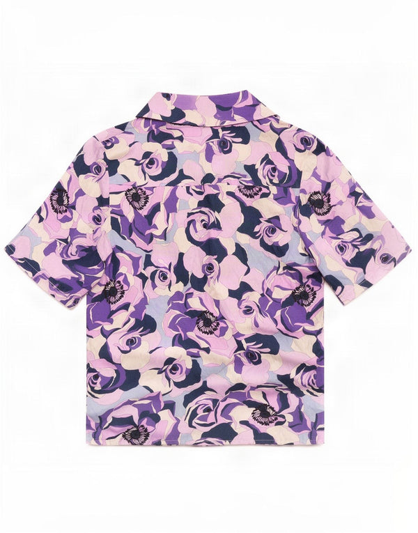 Vintage Womens Short Sleeve Shirt Blouse UK 12 Medium Purple Floral Silk
