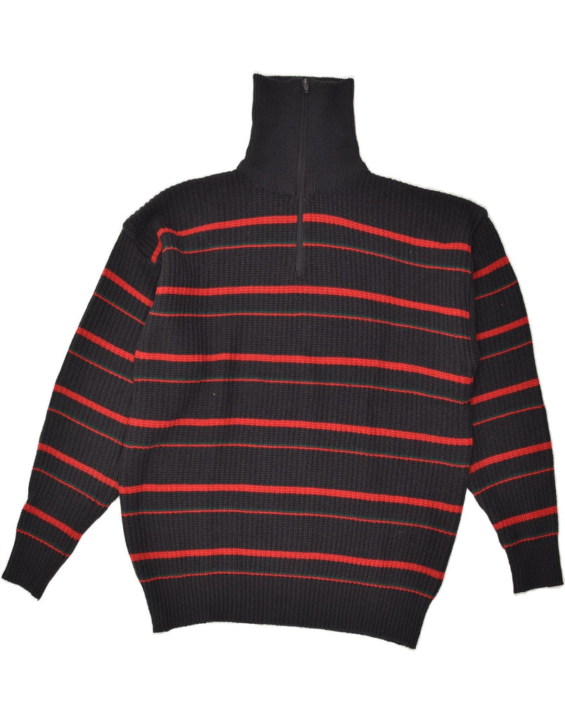 VINTAGE Mens Zip Neck Jumper Sweater XL Black Striped Polyacrylic | Vintage Vintage | Thrift | Second-Hand Vintage | Used Clothing | Messina Hembry 