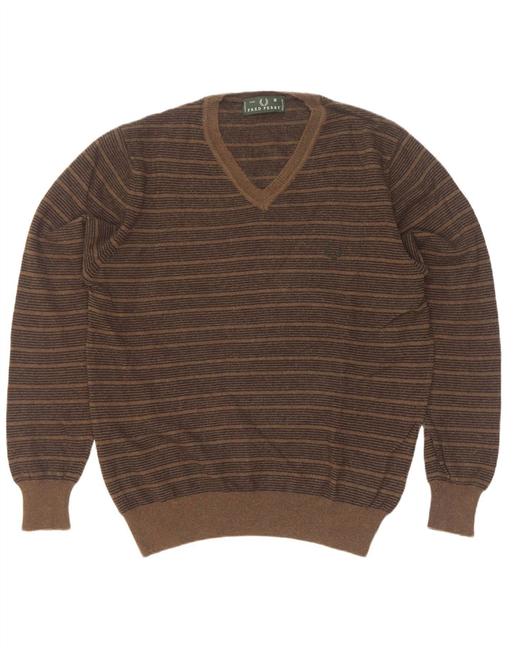 Fred Perry Mens V-Neck Jumper Sweater Medium Khaki Striped Wool