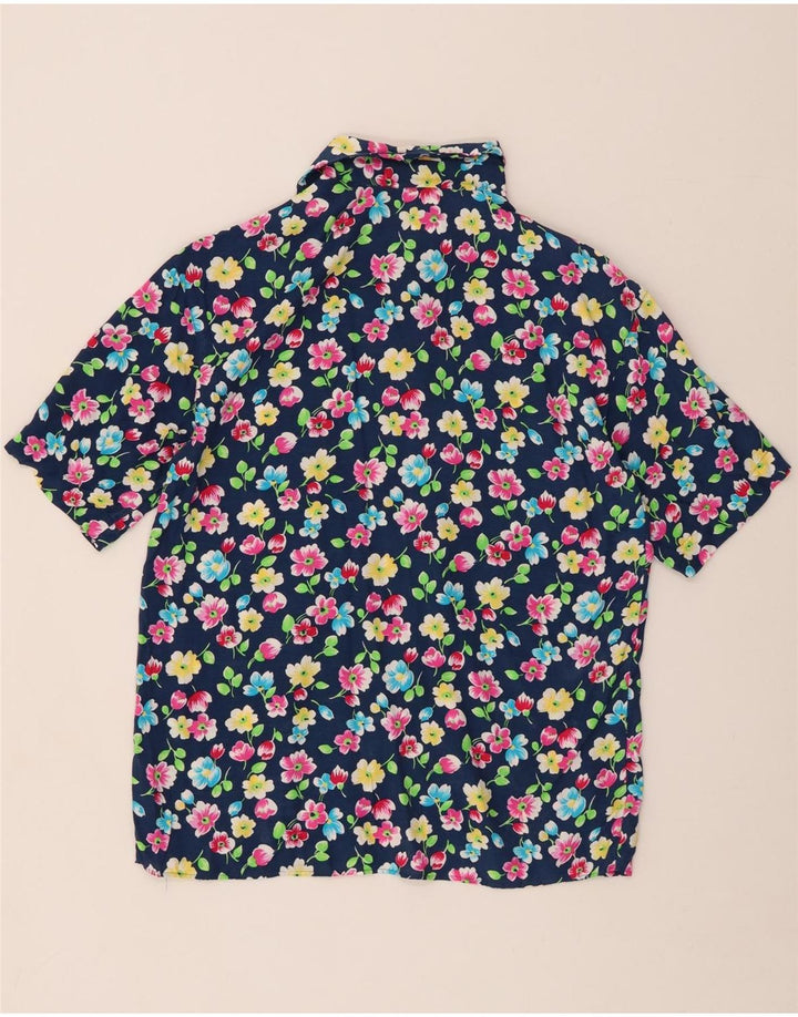 BENETTON Womens Short Sleeve Shirt IT 42 Medium Navy Blue Floral Viscose