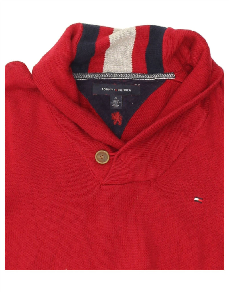 TOMMY HILFIGER Mens Shawl Neck Jumper Sweater Large Red Cotton | Vintage Tommy Hilfiger | Thrift | Second-Hand Tommy Hilfiger | Used Clothing | Messina Hembry 