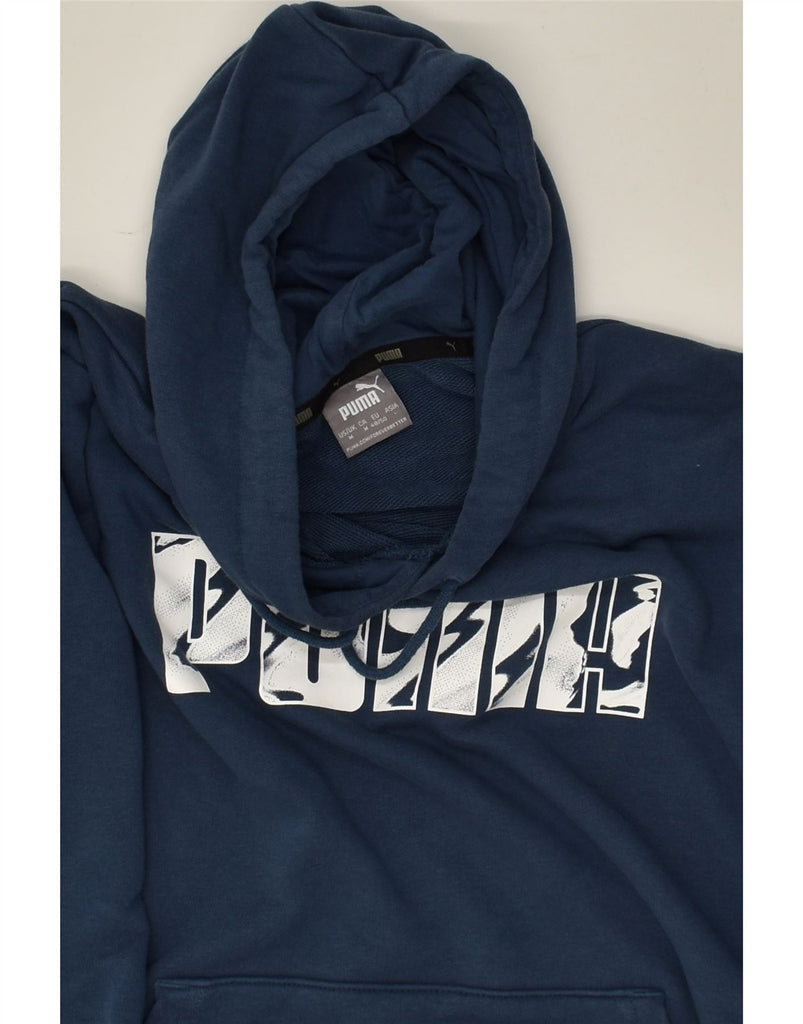 PUMA Mens Graphic Hoodie Jumper Medium Navy Blue Cotton | Vintage Puma | Thrift | Second-Hand Puma | Used Clothing | Messina Hembry 