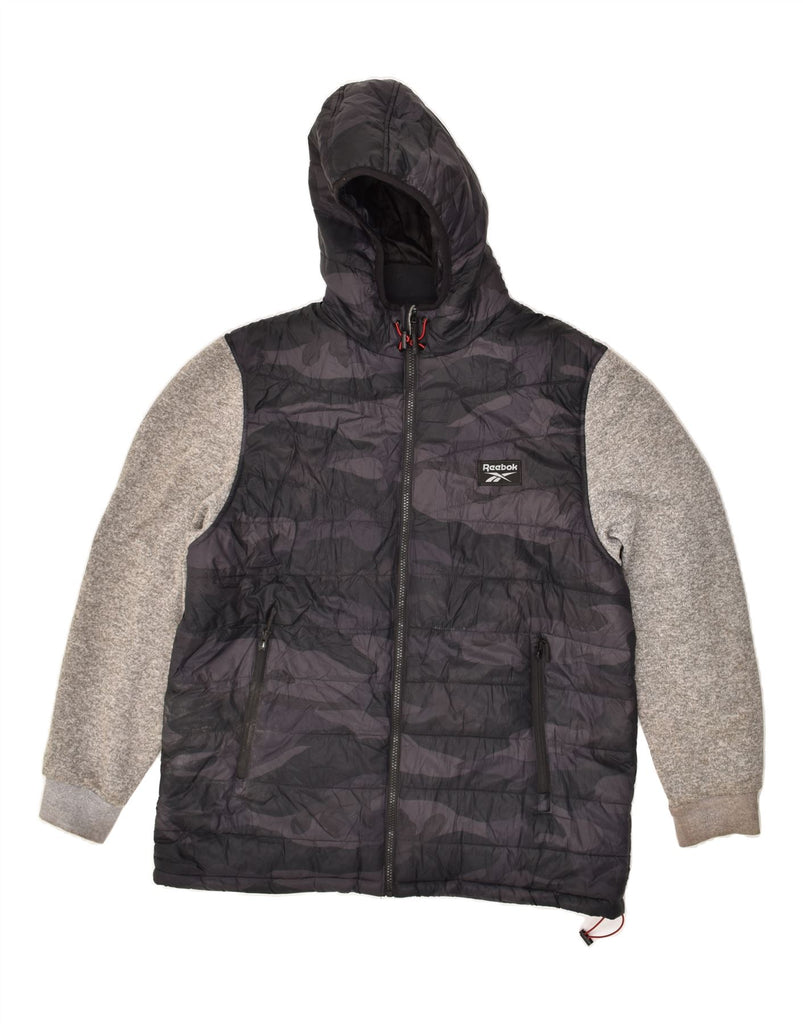 REEBOK Mens Hooded Padded Jacket UK 40 Large Black Camouflage Polyester | Vintage Reebok | Thrift | Second-Hand Reebok | Used Clothing | Messina Hembry 