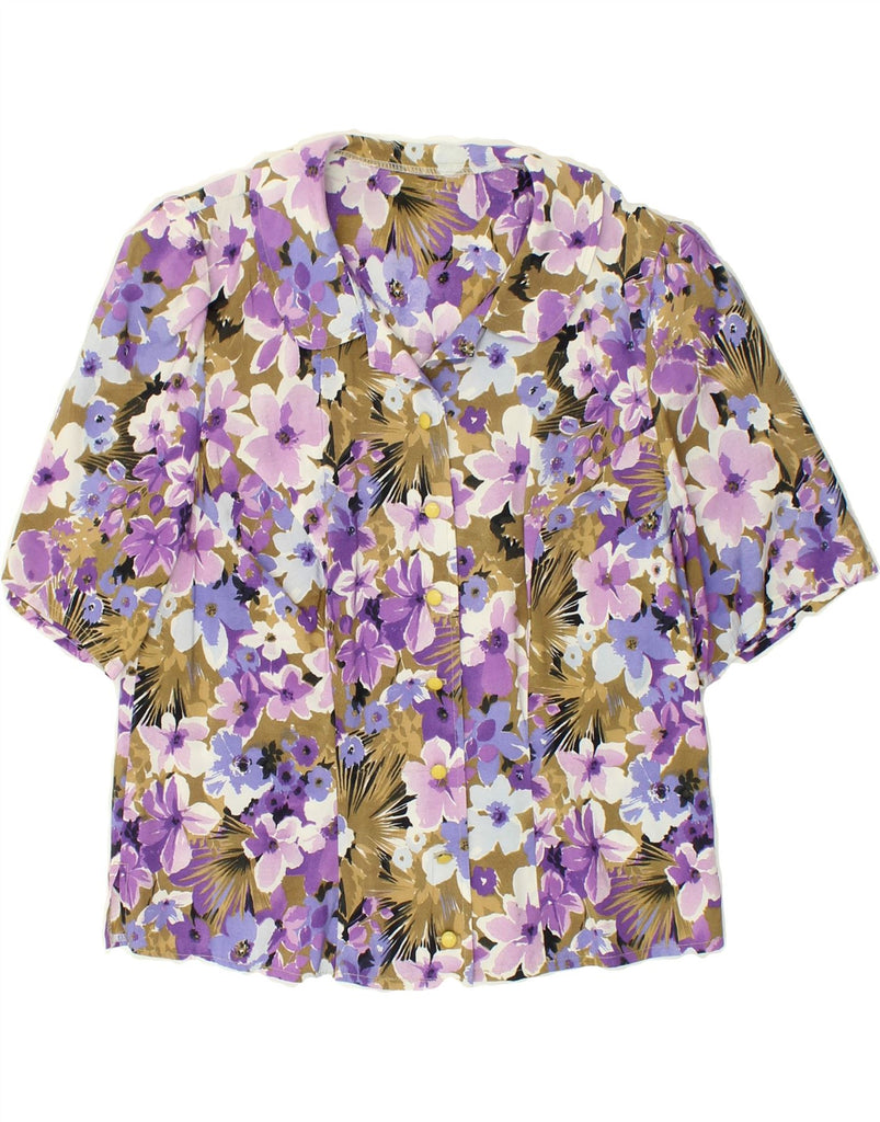 VINTAGE Womens Short Sleeve Shirt Blouse UK 12 Medium Purple Floral Vintage Vintage and Second-Hand Vintage from Messina Hembry 