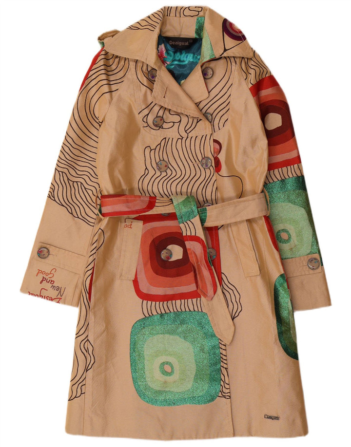 Desigual Womens Graphic Trench Coat EU 38 Medium Beige Geometric Polyester