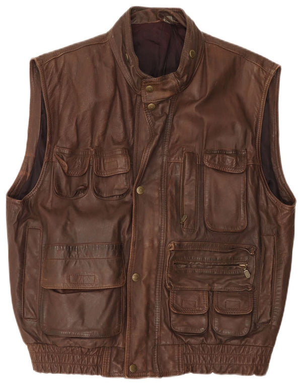 Vintage Mens Leather Utility Gilet UK 40 Large Brown