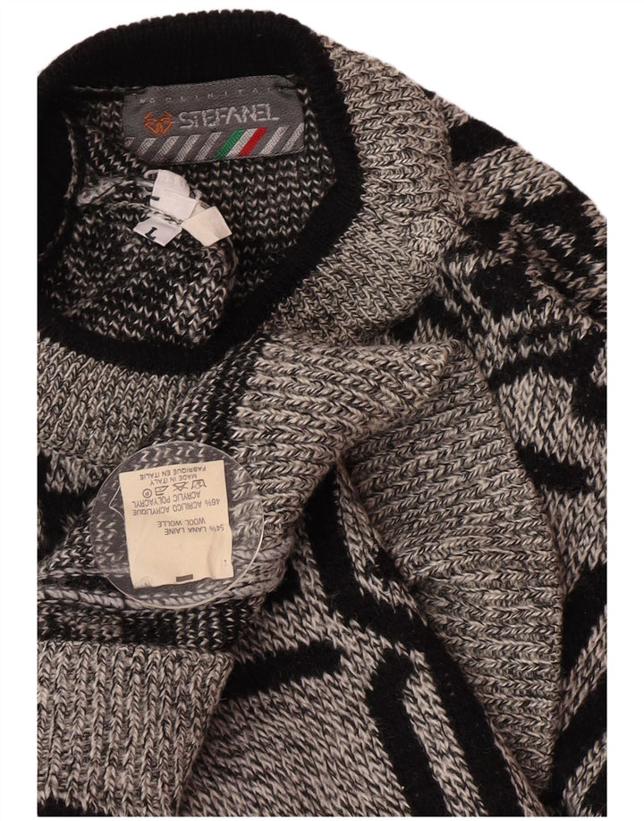 Stefanel Mens Crew Neck Jumper Sweater Large Grey Geometric Wool