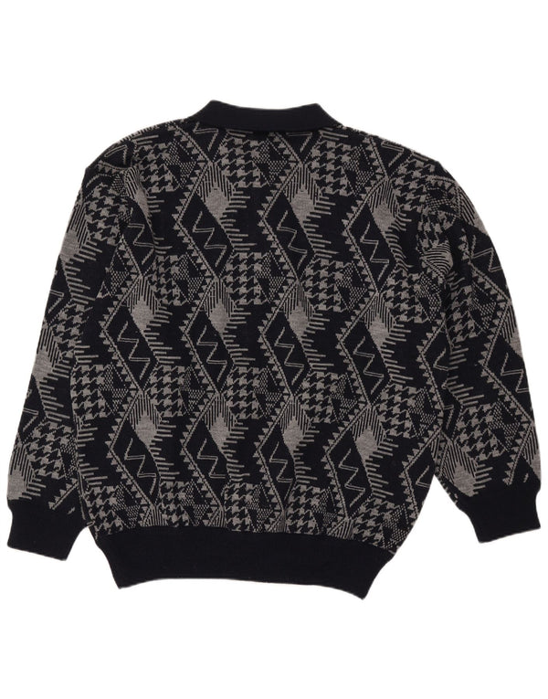 Vintage Mens Polo Neck Jumper Sweater XL Navy Blue Geometric