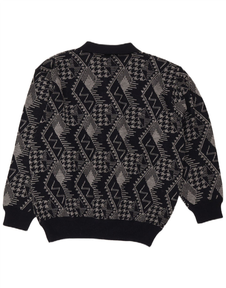 Vintage Mens Polo Neck Jumper Sweater XL Navy Blue Geometric