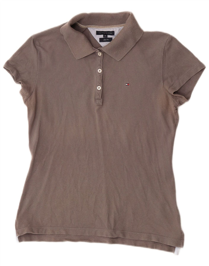 Tommy Hilfiger Womens Slim Fit Polo Shirt UK 12 Medium Grey Cotton