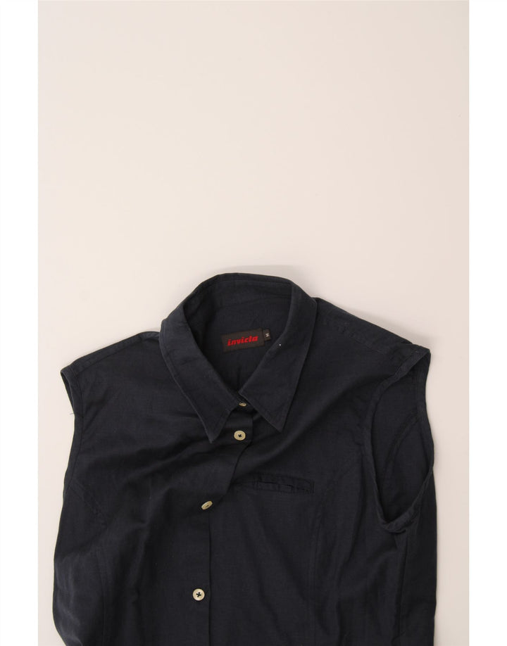 INVICTA Womens Sleeveless Shirt Blouse UK 12 Medium Navy Blue Linen Vintage Invicta and Second-Hand Invicta from Messina Hembry 