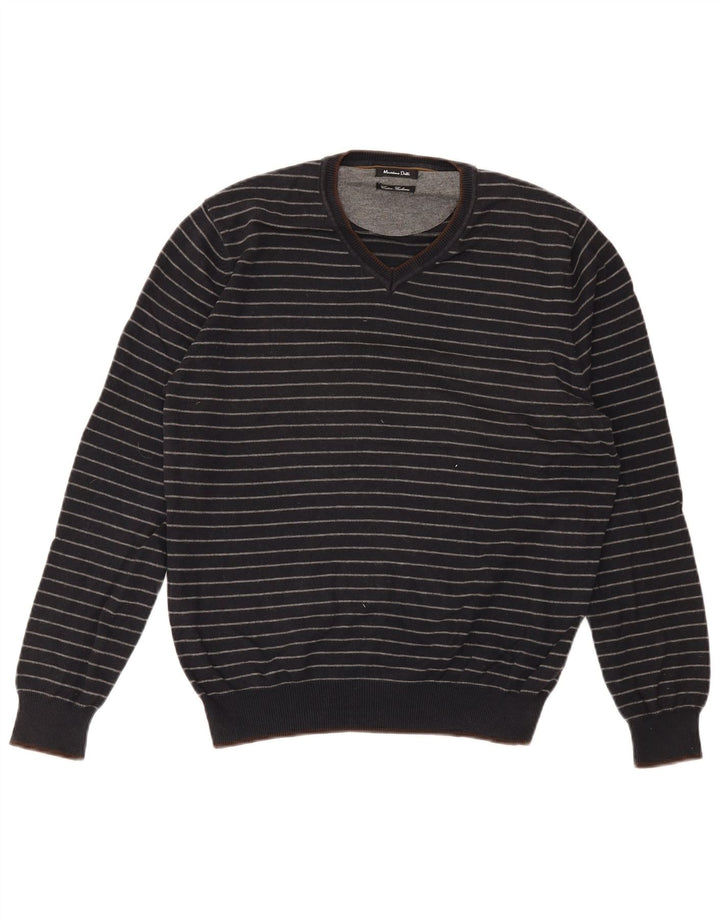Massimo Dutti Mens V-Neck Jumper Sweater Medium Navy Blue Striped Cotton