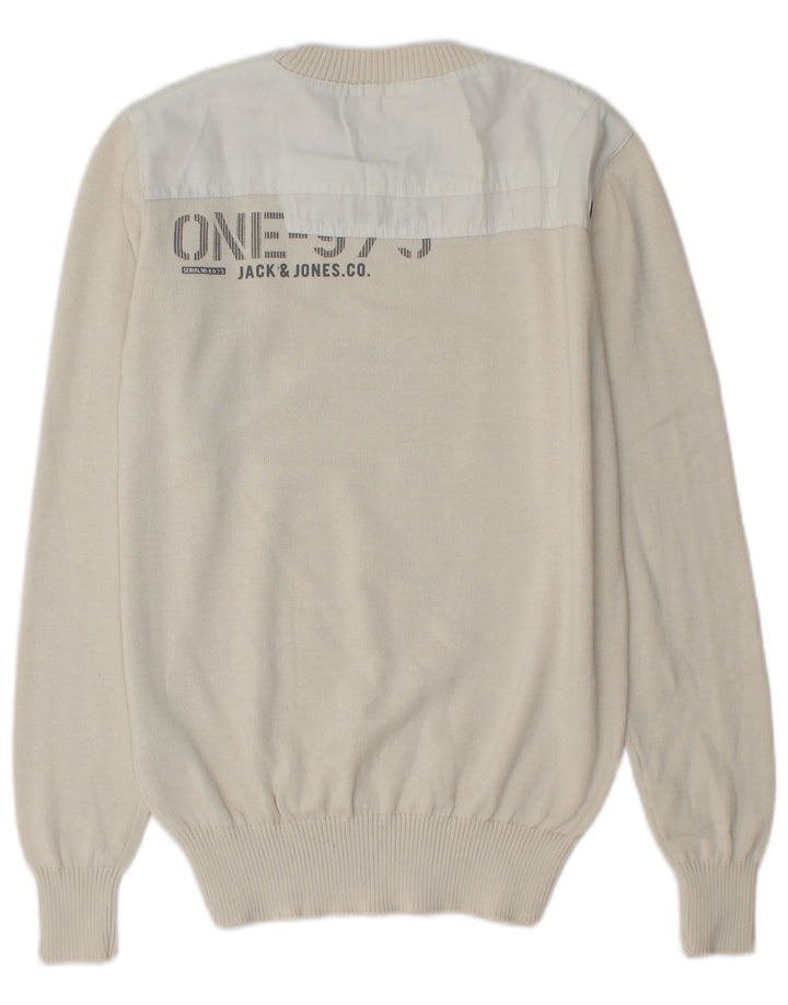 JACK & JONES Mens Graphic Crew Neck Jumper Sweater Small Off White