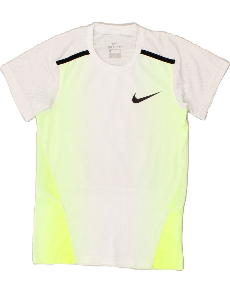 NIKE Boys Dri Fit T-Shirt Top 8-9 Years Small White Colourblock Polyester | Vintage Nike | Thrift | Second-Hand Nike | Used Clothing | Messina Hembry 