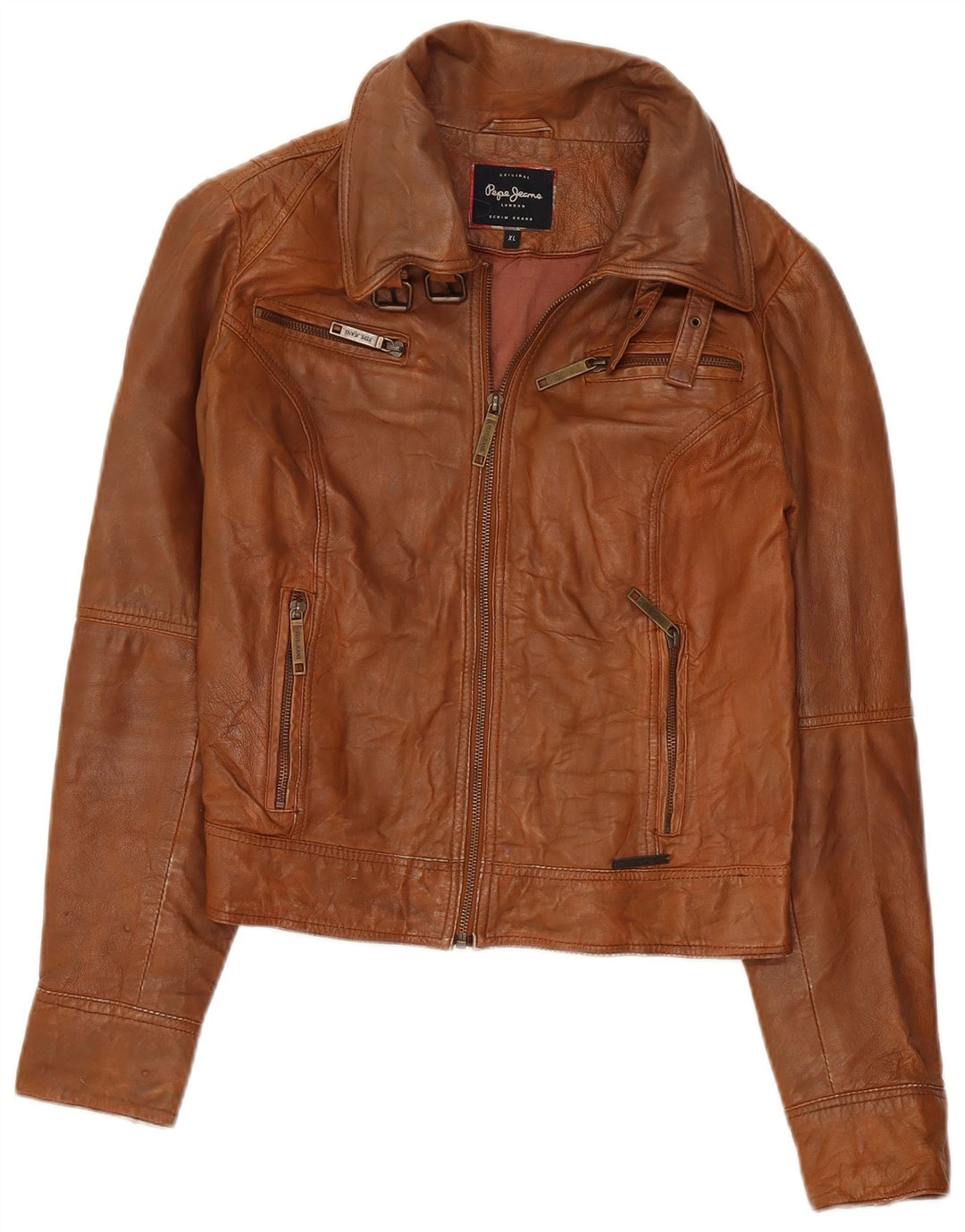 PEPE Jeans Womens Crop Leather Jacket UK 18 XL Brown