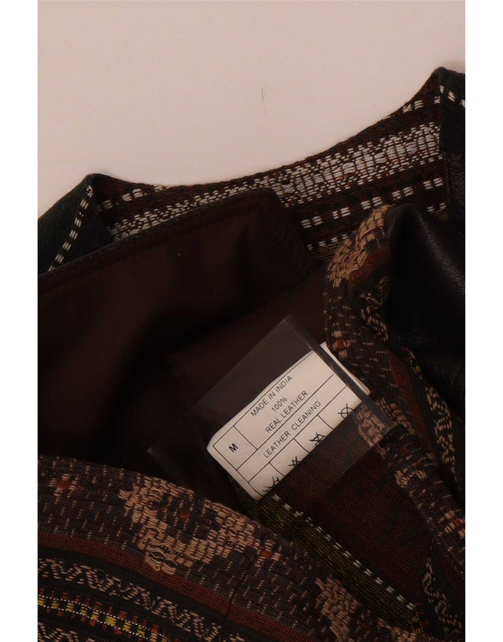 Vintage Mens Leather Waistcoat Medium Brown Geometric